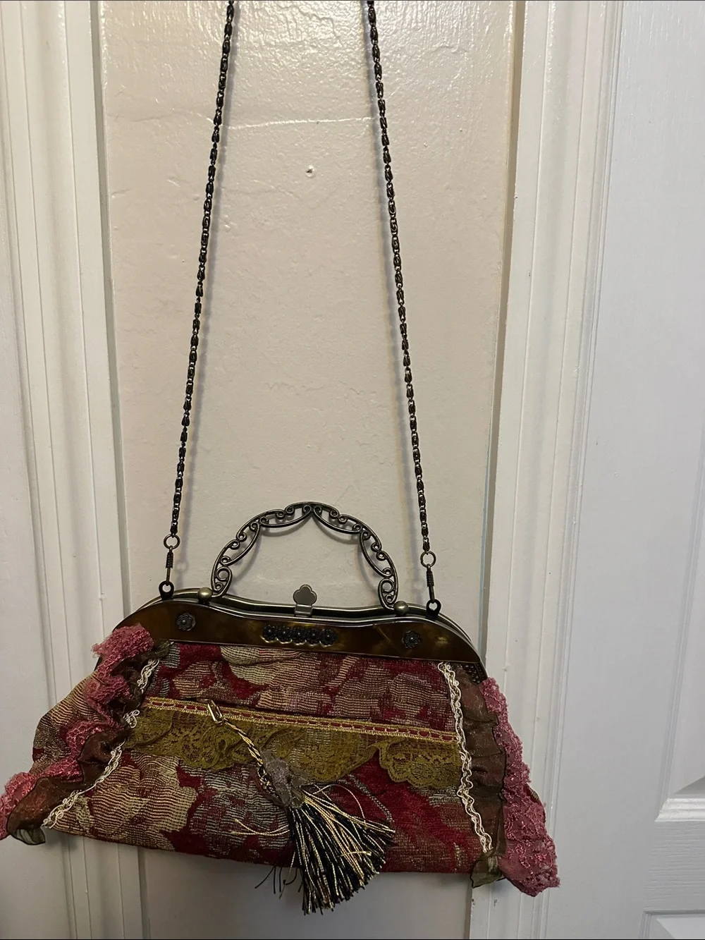 Vintage-Inspired Floral Appliqué Handbag in Burgundy and Olive
